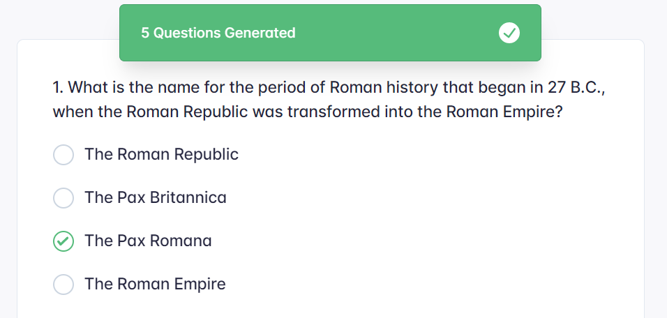 Screenshot of a quiz question about the Roman Empire and Roman Republic with 4 choices.