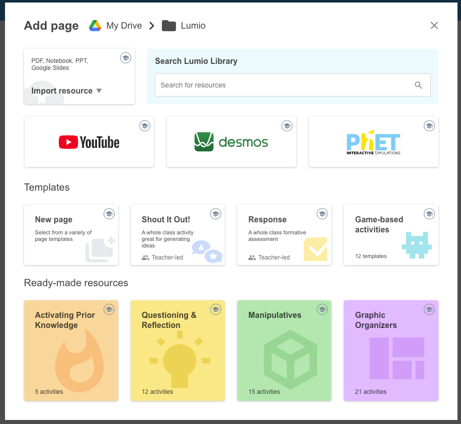 The Add New page in Lumio showing options for uploading files, searching the Lumio Library, YouTube, Desmos, PhET, New Page, Shout It Out, Response, Game-based activities and ready made resources like Activating Prior knowledge, questioning & reflection, manipulatives, and graphic organizers.