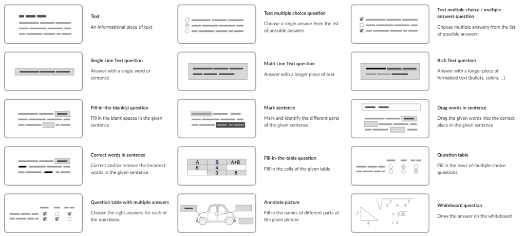 BookWidgets question types with boxes and descriptions