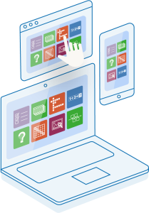Colorful widgets on laptop, phone, and browser with mouse click