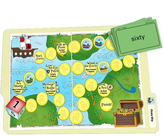 All About Learning Press being played. A Pirate Ship activity with a map. Gold coins are laid out, a dice and treasure chest at the end of the game. Playing cards in top right corner.