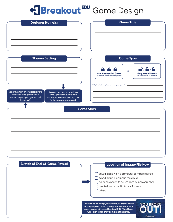 Example of a Game Design template that teachers can provide for students.